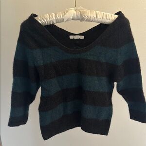 100% Cashmere Striped Grey/Black and Teal Women's Sweater